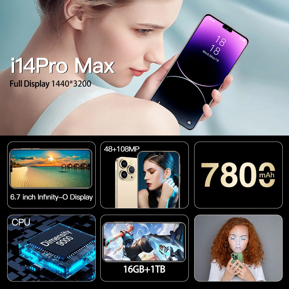 Brand New i14 Pro Max Android Mobile Smartphone 5G Original 2023 6.7 Inch Full Screen 16GB+1TB Phones Global Version Cell Phone